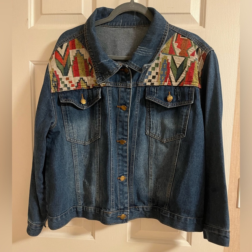 Distressed Denim Jacket with Colorful Geometric Design